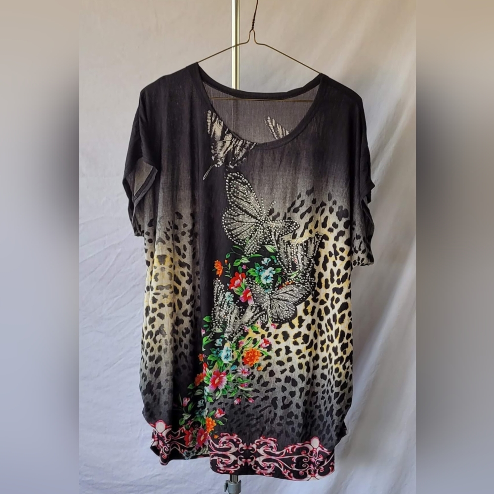 Animal print Ladies shine, studded blouse, XL